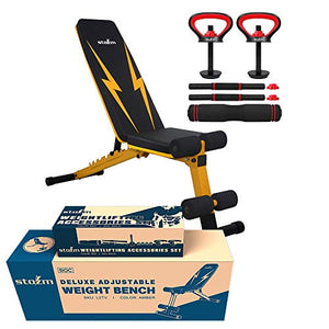 STOZM Deluxe Adjustable Strength Training Bench/Weight Bench (Amber) & Multi Purpose Weightlifting Accessories Set with Dumbbell/Kettlebell Handles & Connector (Red) (C59H)