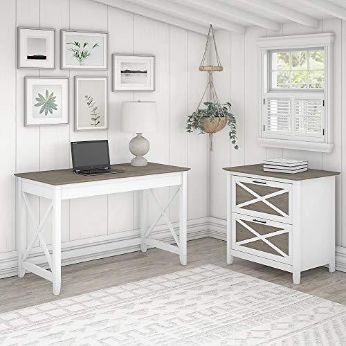 Bush Furniture Key West Writing Desk with 2 Drawer Lateral File Cabinet, 48W, Pure White and Shiplap Gray