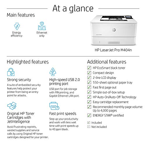 HP LaserJet Pro M404n Laser Printer with Built-in Ethernet & Security Features (W1A52A)