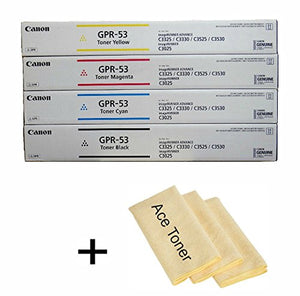 Genuine Original Canon GPR-53 Toner Cartridges Set Black Cyan Magenta Yellow for: Canon ImageRunner Advance C3325 C3330 C3525 C3530 C3025 w/ micro acetoner cloth.