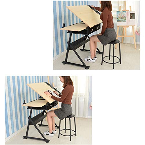 FLaig Drafting Desk with Tiltable Tabletop and Storage Drawers, Brown