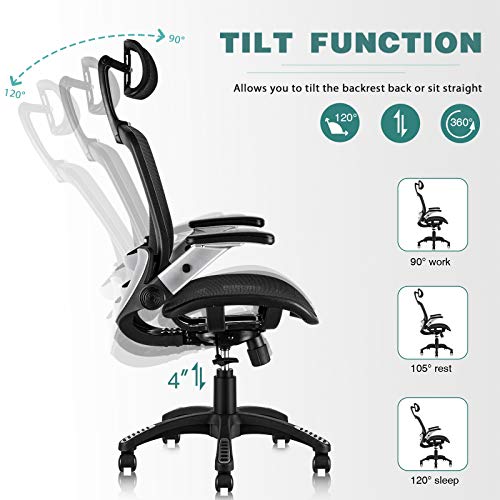 GABRYLLY Ergonomic Mesh Office Chair - High Back Desk Chair with Adjustable Headrest, Flip-Up Arms, Tilt Function, Lumbar Support, PU Wheels