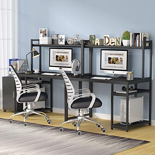 Tribesigns 94.5 inches Computer Desk with Hutch, Extra Long Two Person Desk with Storage Shelves, Double Workstation Office Desk Table Study Writing Desk for Home Office,Black