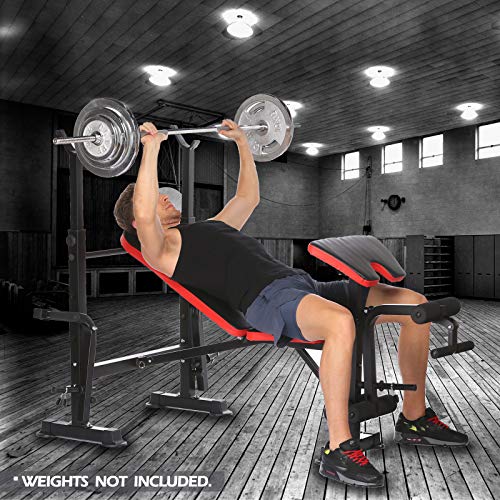 330lbs Weightlifting Bed Bench Press Squat Rack Indoor Multi-Function Adjustable Olympic Weight, Strength Training Fitness Exercise Equipment for Full-Body Workout (Black Red)