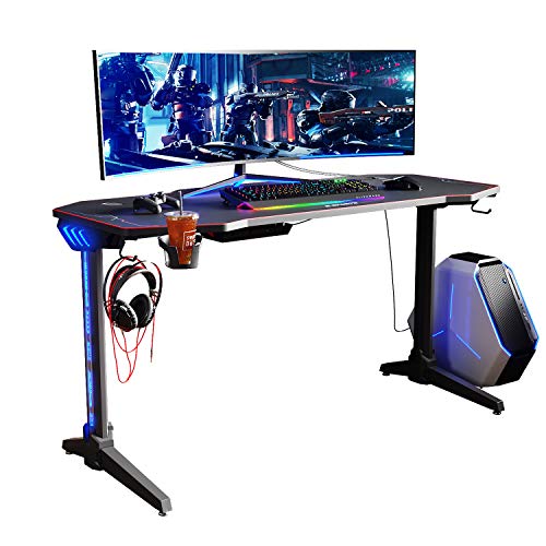ELEGANT Gaming Desk with Led Lights Gaming Desk 55 inch Computer T-Shaped E-Sports Game Table Metal PC Desk with Mouse Pad Workstation for Home Office(Black)