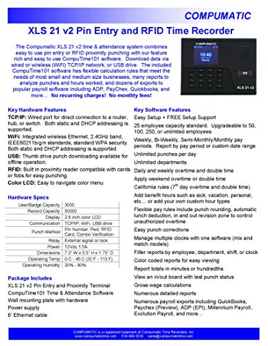Compumatic XLS 21 v2 PIN Entry and RFID Proximity Badge Card Time Clock System, WiFi, CompuTime101 Software Included, 0 NO Monthly Fees!!
