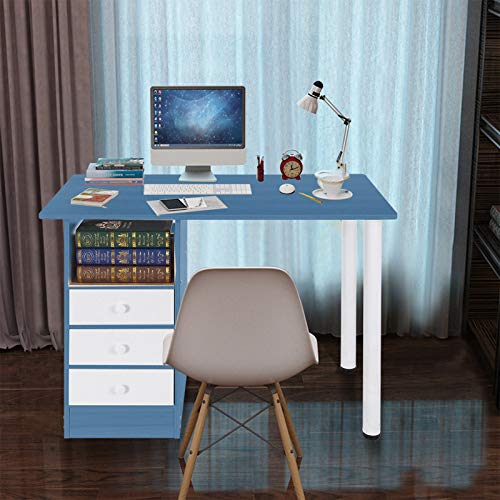 Home Office Desk, Small Space White Computer Desk Modern Office Desk Sturdy Writing Workstation Laptop Desk with 3 Drawers for Bedroom Living Room 39.5x27.6'' (# Blue)