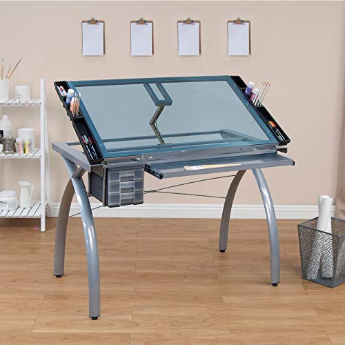 Offex Contemporary Blue Tempered Glass Top Futura Craft Station - Silver
