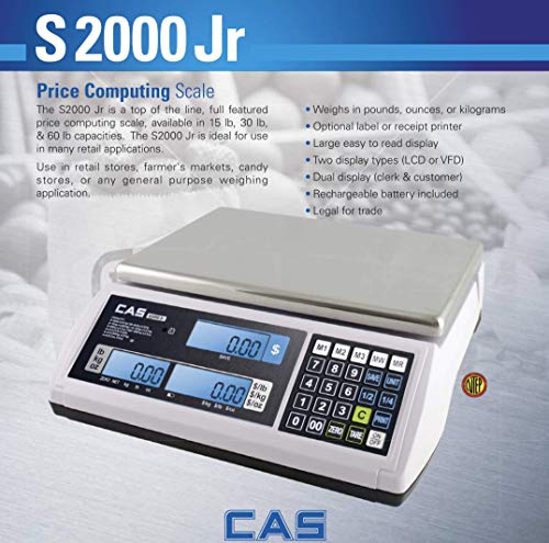 CAS S2000Jr 30 Pound Capacity - LCD Display - 3 Direct PLUs annd 199 Indirect PLUs - Food or Retail Industry Scale - NTEP Approved