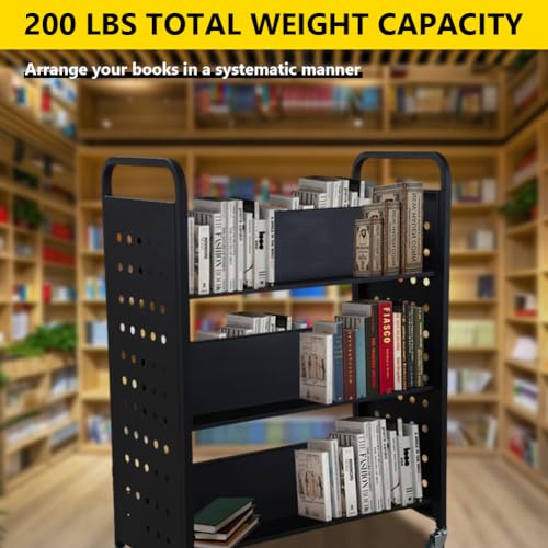 MERXENG Library Book Cart, 200LBS Capacity, 35x18x49 Rolling Cart with Lockable Wheels