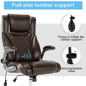 Seevoo Executive Office Chair - High Back Swivel Computer Desk Chair with Adjustable Lumbar Support and Flip-Up Arms - Brown PU Leather