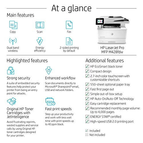 Hewlett Packard Laserjet Pro MFP M428fdw Wireless Monochrome All-in-One Printer, Copier, Scanner, Fax, W1A30A#BGJ with Power Strip Surge Protector + Electronics Basket TM Microfiber Cleaning Cloth
