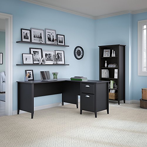 kathy ireland Home by Bush Furniture Connecticut 60W L Desk and Bookcase in Black Suede Oak