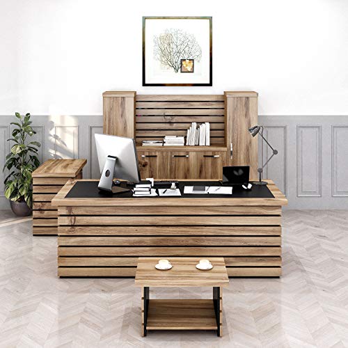 Casa Mare 87" Executive Home Office Suite | Made of Solid Wood | 4-Piece Set Including Long Desk, Credenza, Coffee Table and Large Storage Cabinet | Modern Business Furniture | Light Brown & Black