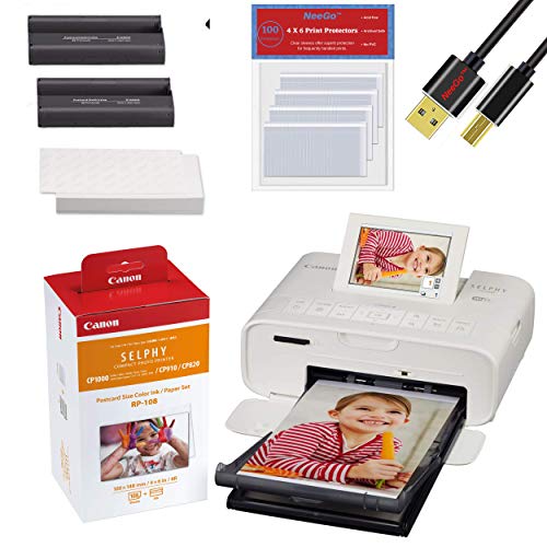 Canon SELPHY CP1300 Wireless Compact Photo Printer (White) + Canon RP-108 Color Ink Paper Set (108 Sheets of 4 x 6 Paper) + NeeGo Printer Cable + NeeGo Print Protector (100 Pack)