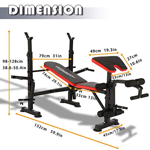 Olympic Weight Bench Multi-Function Adjustable Weight Bench with Preacher Curl Leg Developer Lifting Press Exercise for Full-Body Workout Home Gym Adjustable Weightlifting Bed (Red)