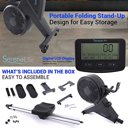 SereneLife Home Rowing Machine-Air and Magnetic Rowing Machine-Exercise Machine for Gym or Home Use-Measures Time, Distance, Stride, Calories Burned-Rowing Machine Cardio Workout for Fitness, Black
