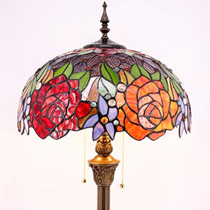 WERFACTORY Tiffany Floor Lamp Red Yellow Rose Stained Glass Standing Reading Light 16X16X64 Inches Antique Pole Corner Lamp