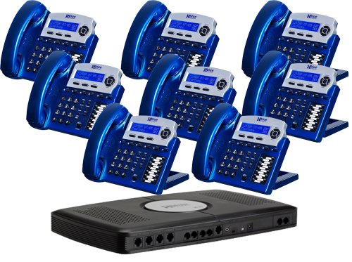Xblue XB2022-28-VBX16 6-Line Small Office Phone System with 8 Vivid Blue X16 Telephones - Auto Attendant, Voicemail, Caller ID, Paging & Intercom