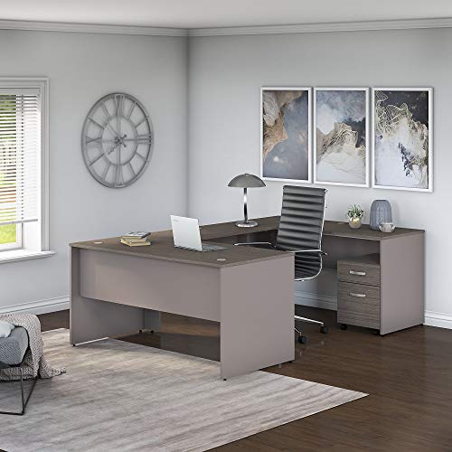 Bush Furniture Commerce 60W U Shaped Desk with Mobile File Cabinet in Cocoa and Pewter