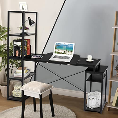 Drafting Table, Drawing Table with Adjustable Tiltable Tabletop, Multi-Function Office Desk with Storage Shelves, Large Computer Writing Desk Artist Craft Workstation for Office and Home Use (Black)