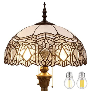 WERFACTORY Tiffany Floor Lamp Crystal Bead White Stained Glass Standing Reading Light - 16X16X64 Inches - Antique Pole Corner Lamp - S508W Series