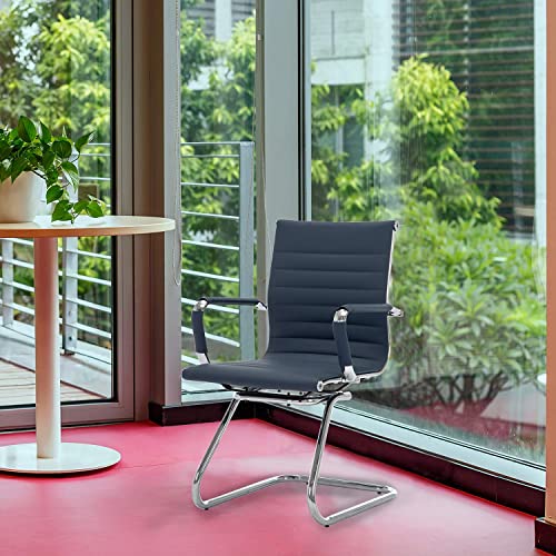 DM Furniture Navy Blue PU Leather Office Desk Chair Set of 8 - Mid Back Guest Chairs with Sled Base