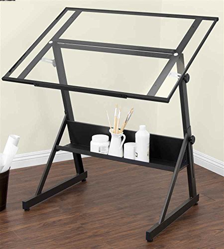 SD STUDIO DESIGNS Adjustable Height Drafting Table, Charcoal/Clear Glass