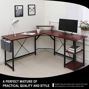 AZGO L Shaped Desk Home Office Desk with Round Corner Computer Desk with Large Monitor Stand Space-Saving Easy to Assemble PC Table Desk Office Writing Workstation for Home Office Bedrooom Wine Red