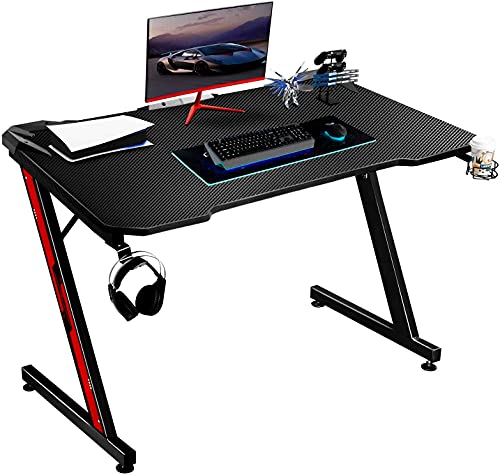 Greesum Gaming Desk, 44 Inch Home Office Computer Table, Z Shaped Gamer Workstation Fiber Surface Cup Holder & Headphone Hook, Carbon Black