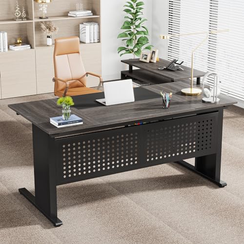 Tribesigns 63 Inch Executive Desk with File Cabinet, L Shaped Computer Desk, Gray and Black