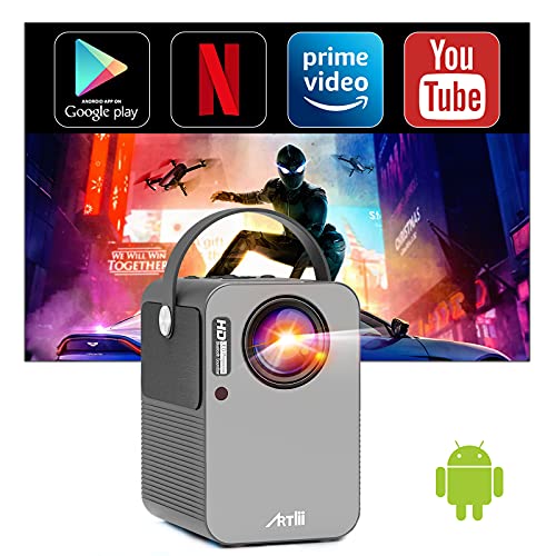 Artlii Play Smart Projector, Android TV 9.0 Portable Projector, WiFi Bluetooth Projector with Built-in Netflix, Disney+, Hulu, 1080p Support Projector, ±45°4D Keystone Correction, HiFi Stereo