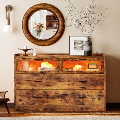 LIKIMIO 47" 6 Drawer Glass Dresser with LED, Power Strip, and Storage Cabinet - Rustic Brown