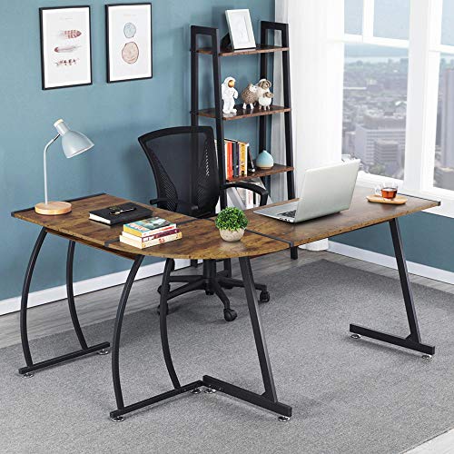 YAHEETECH L Shaped Corner Desk，Office Corner Desk, Round Corner Computer Desk, Large PC Laptop Workstation Table, Home Office Furniture, Rustic Brown