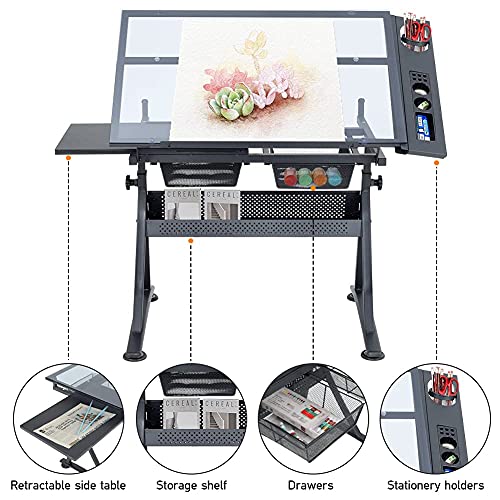 Adjustable Drawing Table with Tempered Glass Top and Drawers/Stool