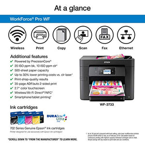 Epson Workforce Pro WF-3732 All-in-One Wireless Color Inkjet Printer - 4-in-1 Print Scan Copy Fax - 20 ppm, 500-Sheet, Voice-Activated, Auto 2-Sided Printing