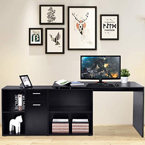 Tangkula L Shaped Desk Corner Desk, Home Office Wood Computer Workstation, Space Saving Computer Desk with Spacious Wooden Surface, Storage Shelves