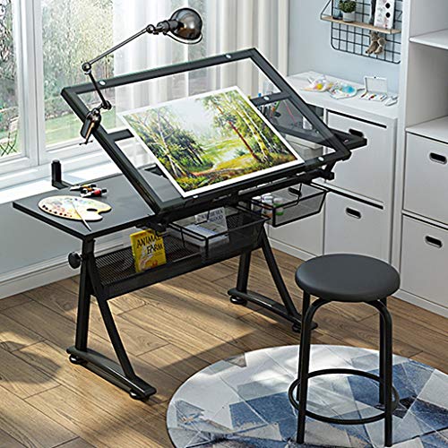 Lgan Tiltable Drawing Table, Adjustable Art Desk, with Storage Craft Table, Drafting Table Glass Panel, Child Adult Drawing Desk