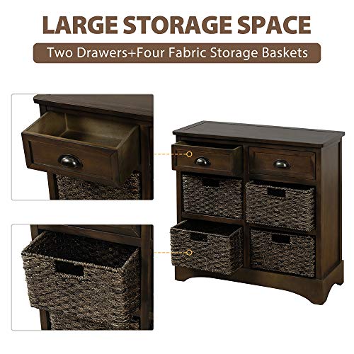 TREXM Rustic Storage Cabinet with Two Drawers and Four Classic Fabric Basket for Kitchen/Dining Room/Entryway/Living Room, Accent Furniture (Dark Brown)