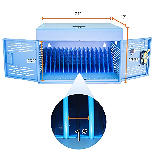 16-Unit Charging Cabinet for Laptops & Tablets - Locking Laptop Storage Box for Classroom, Library, and Office - Cable Management, Charger Storage, and Ground Protection (Blue)