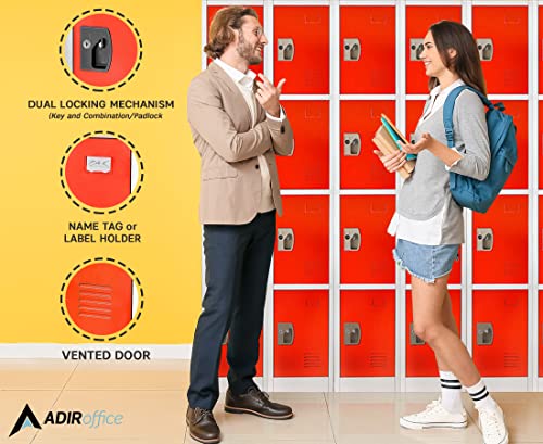 AdirOffice Large School Locker with 4 Doors and 4 Hooks - Metal Storage Cabinet for School, Garage, Office - Red