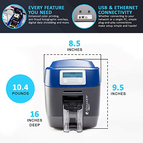 ID Maker Card Edge 2 Sided Printer Machine & Supply Kit for Badge Printing - Print Professional Quality Identification Badges - IDMaker Software, Premium Camera, 200-Print Color Ribbon, 100 PVC Cards