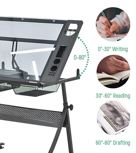 TemkIN Height Adjustable Glass Topped Drafting Table with Drafting Stool