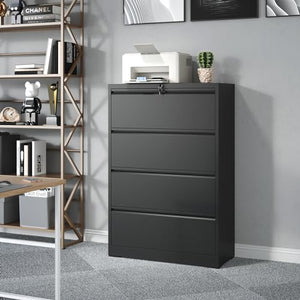 EKJ Black Metal 4 Drawer Lateral File Cabinet for Home Office - Steel Wide Filing Cabinets