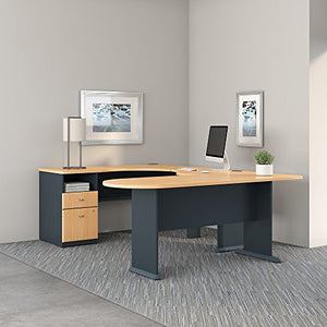 Series A U Shaped Corner Desk with Peninsula and Storage in Beech and Slate