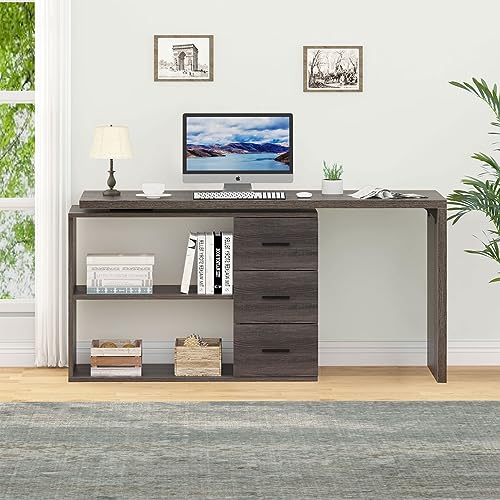 HSH L Shaped Computer Desk with Drawers, Storage Cabinet Shelves - Gray 60 In