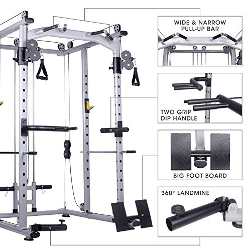 Mikolo Multi-Function Power Cage, 1400 lbs Commercial Weight Cage with Cable Crossover Machine, J-Hooks, Landmine, T-Bar, Dip Bars, Barbell Holder, and Other Attachments