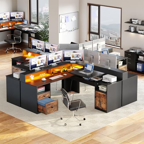 YITAHOME L Shaped Desk with Power Outlets & LED Lights, 60” Corner Computer Desk, Drawers, Lift Top, Monitor Stand, File Cabinet - Black & Brown