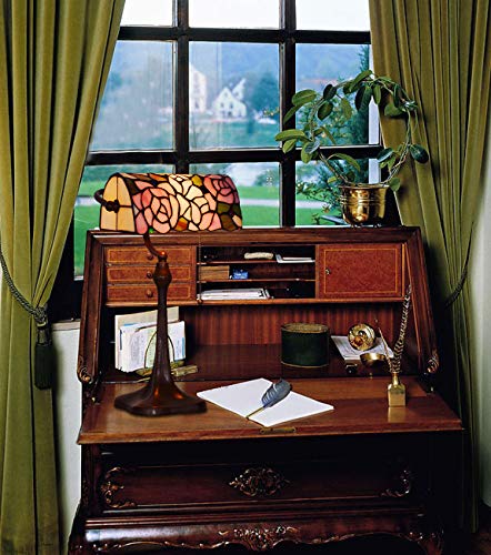 HT Tiffany Style Traditional Banker’s Desk Lamp, Rose Stained Glass Shade Cast Iron Base