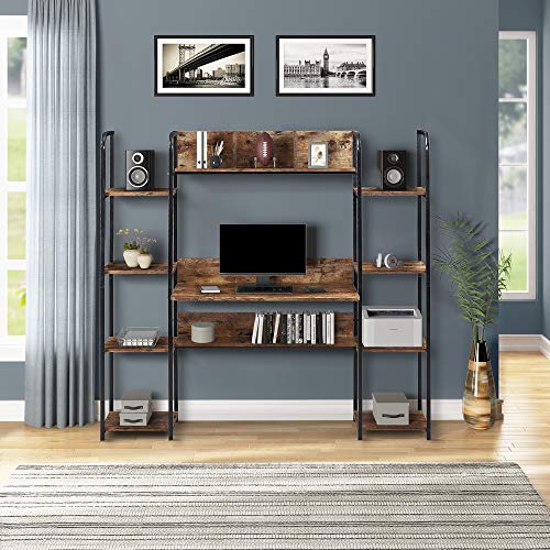Okngr Computer Desk with Hutch and Bookshelf, Industrial Study Writing Table Home Office Writing Desk with Bookshelf Workstation Desk Gaming Desk, Rustic Brown
